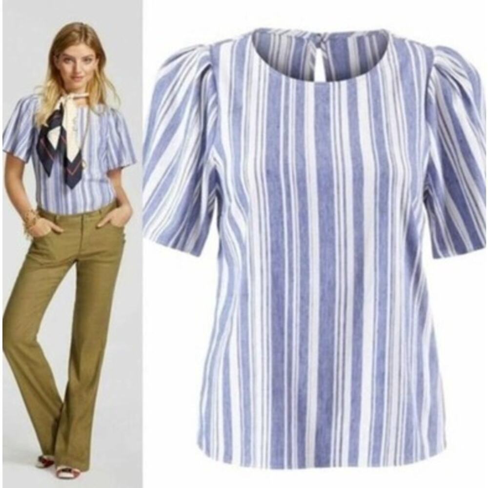 CABI stripe linen wing sleeve blouse 5343 womens Size Small coastal preppy